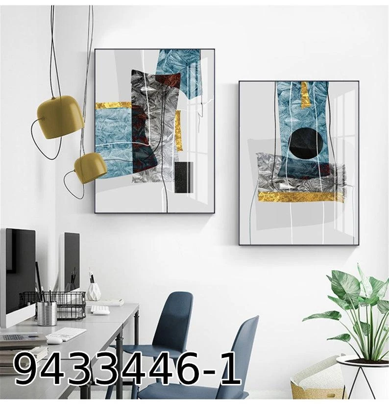 סט 2 חלקים זכוכית אבסטרקט גווני כחול זהב לתלייה במשרד או בסלון