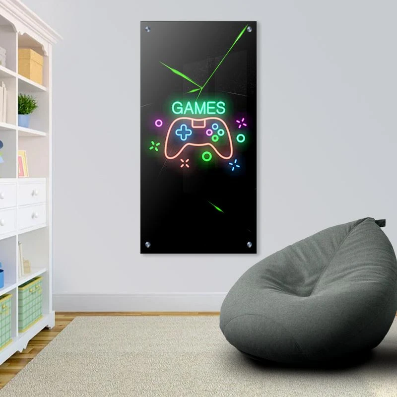 תמונה לחדר שינה גיימרים Gamer and proud בגודל 50X100 ס"מ עיצוב בנושא נאון, גיימינג מגיע בקנבס מתוח על מסגרת עץ, זכוכית ומנטים כסופים - דגם 135316