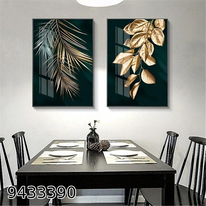 עלי זהב - סט 2 תמונות למטבח בגווני ירוק זהב מק"ט 9433390