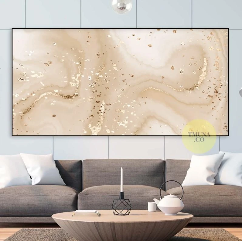 תמונה בסגנון אבסטרקט בגווני זהב שמנת לסלון על קנבס או זכוכית דגם 3728614
