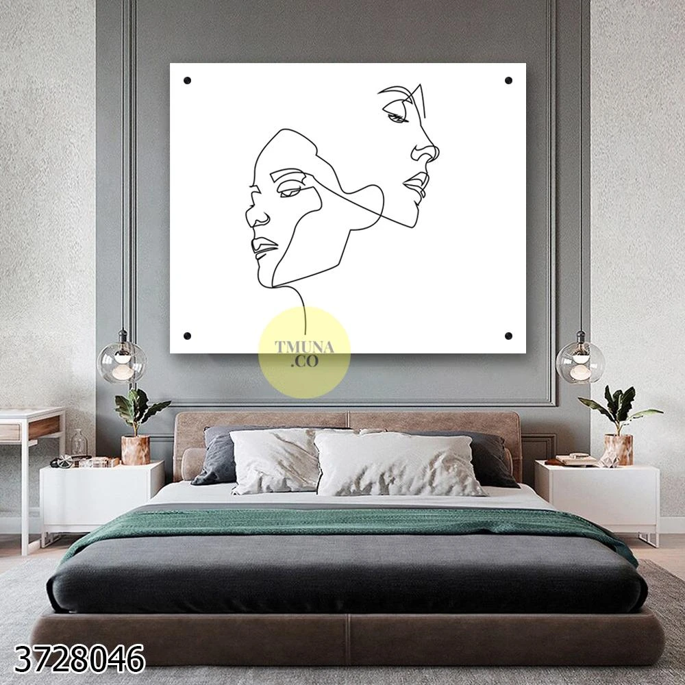 תמונות בקו אחד | דמויות על רקע לבן תמונת זכוכית מינימליסטית לחדר שינה דגם 3728046
