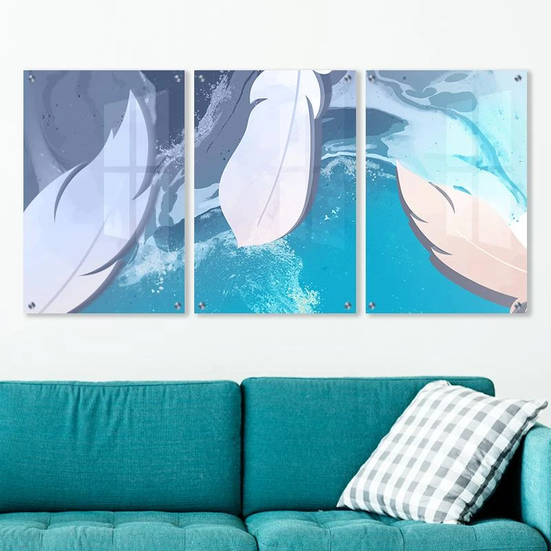 נוצות המזל - שלישיית תמונות לסלון משרד בגווני טורקיז מודפסות על זכוכית  דגם 135117