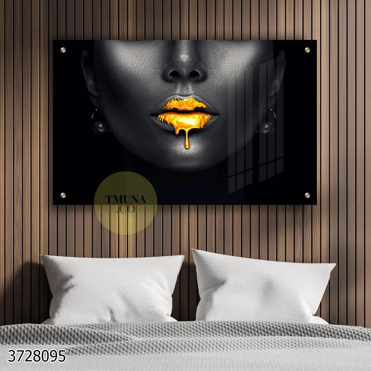 GLOW &amp; GOLD LIPS - תמונה של שפתיים על זכוכית יוקרתית לתלייה בחדר שינה או סלון דגם 3728095