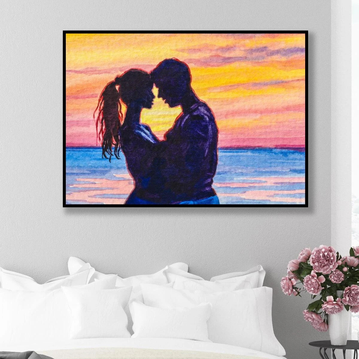 ציורים | אהבה בשקיעות ורודות - תמונה זוגית רומנטית לחדר שינה דגם 3728364