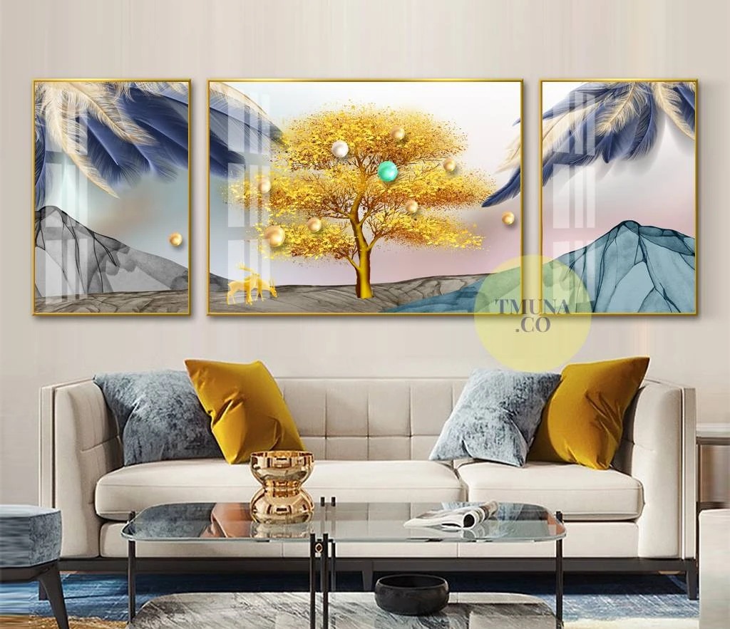 אמנות סוריאליסטית - סט מחולק 3 תמונות לסלון או לקליניקה עם עץ הזהב דגם 3728514