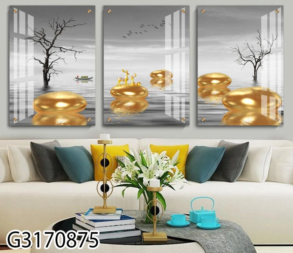סט 3 תמונות אבני הזהב על הים בשילוב עצים ואילים תמונות זכוכית לסלון דגם G3170875