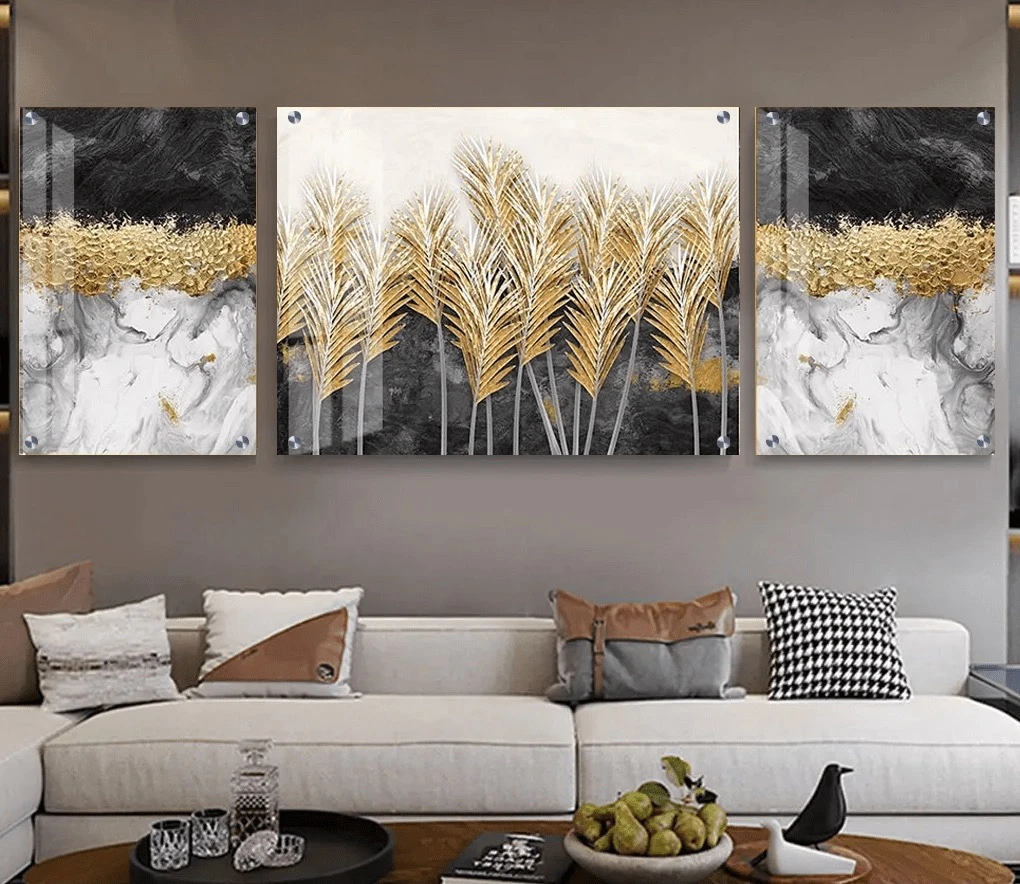 טרנדי: 3 תמונות זכוכית אבסטרקט נוצות בגווני אפור, זהב לפינת אוכל - דגם g23903346