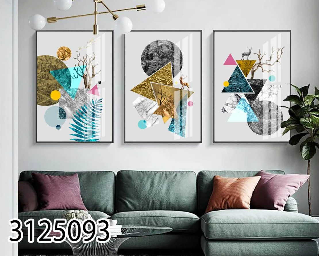 סט בסגנון משולשים - 3 תמונות זכוכית בסגנון סוריאליסטי מופשט לסלון דגם 3125093