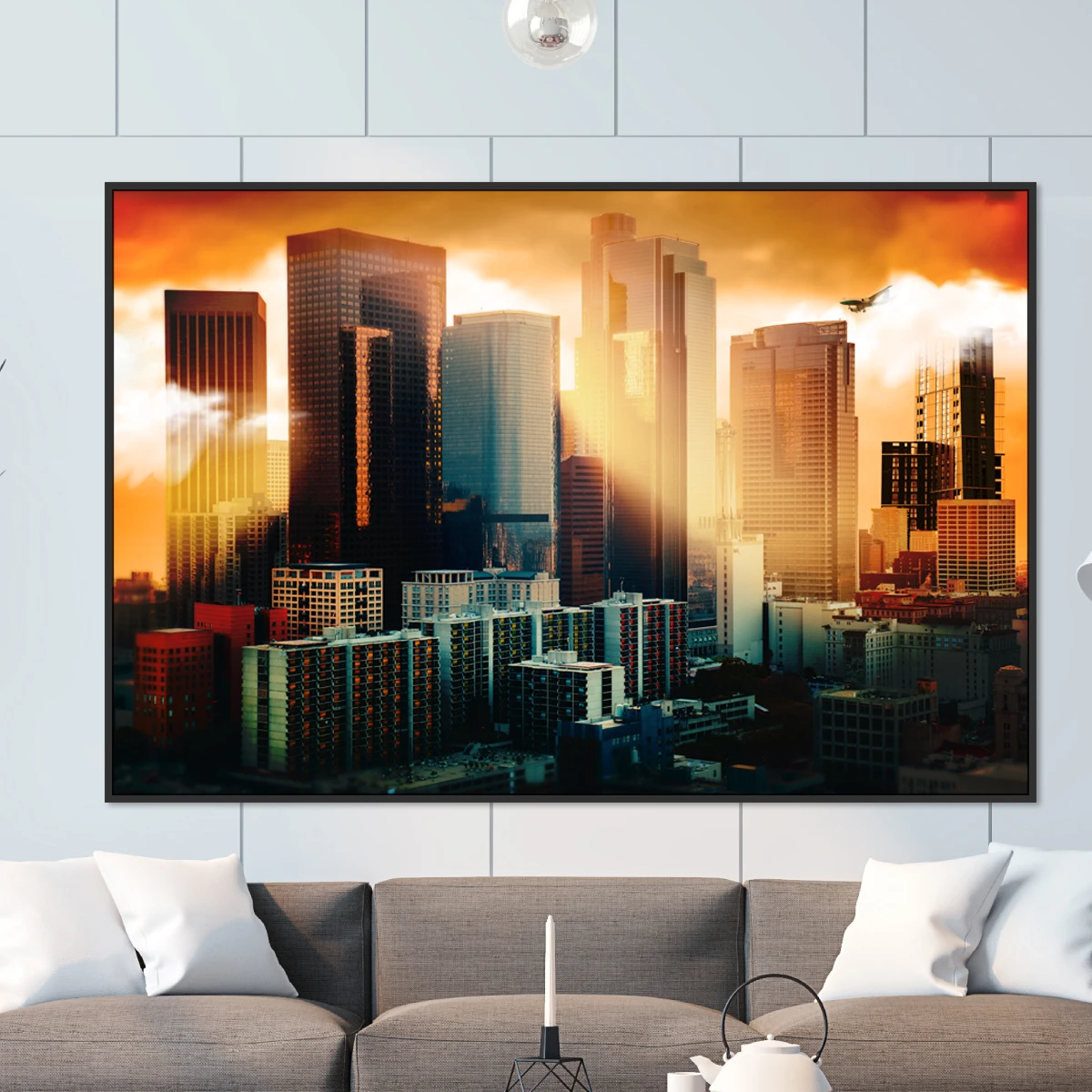 זריחה על בניינים לוס אנג'לס תמונה מדהימה לתלייה במשרד לובי דגם 3727984