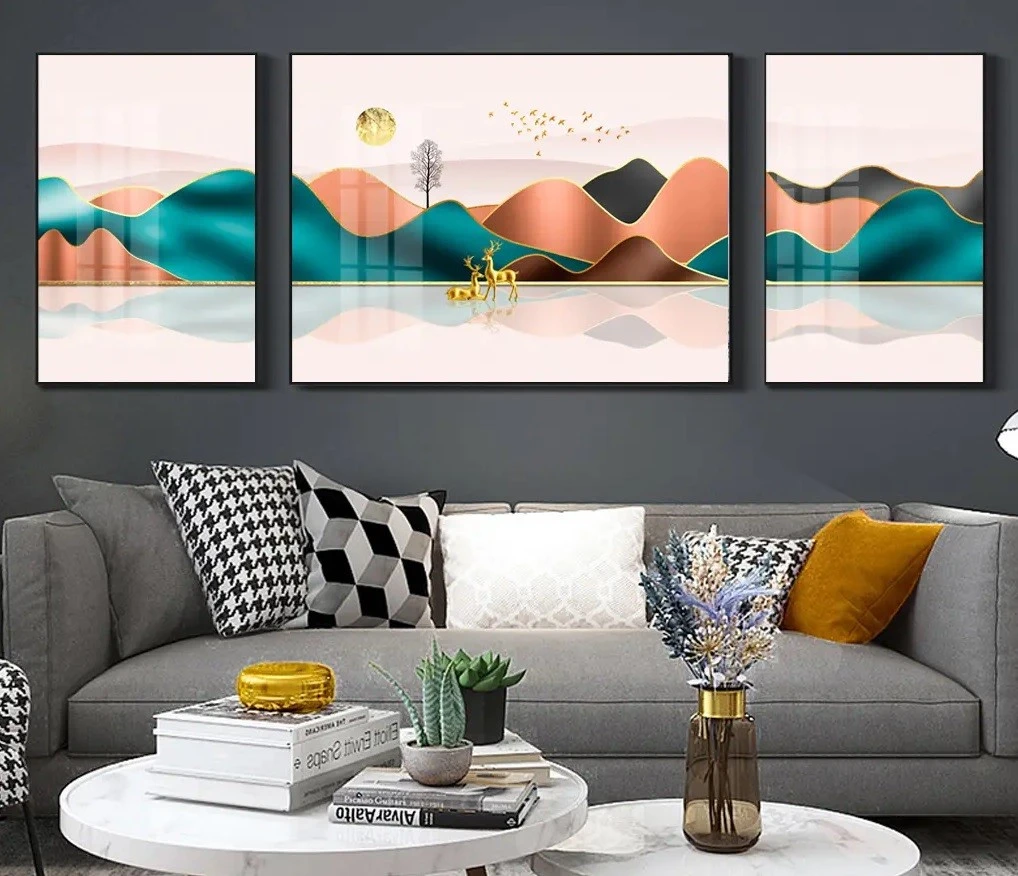 סט 3 תמונות קנבס מחולקות נופים טורקיז חום כתום עיצוב מיוחד טבע ונופים לחדר שינה - דגם 25169793