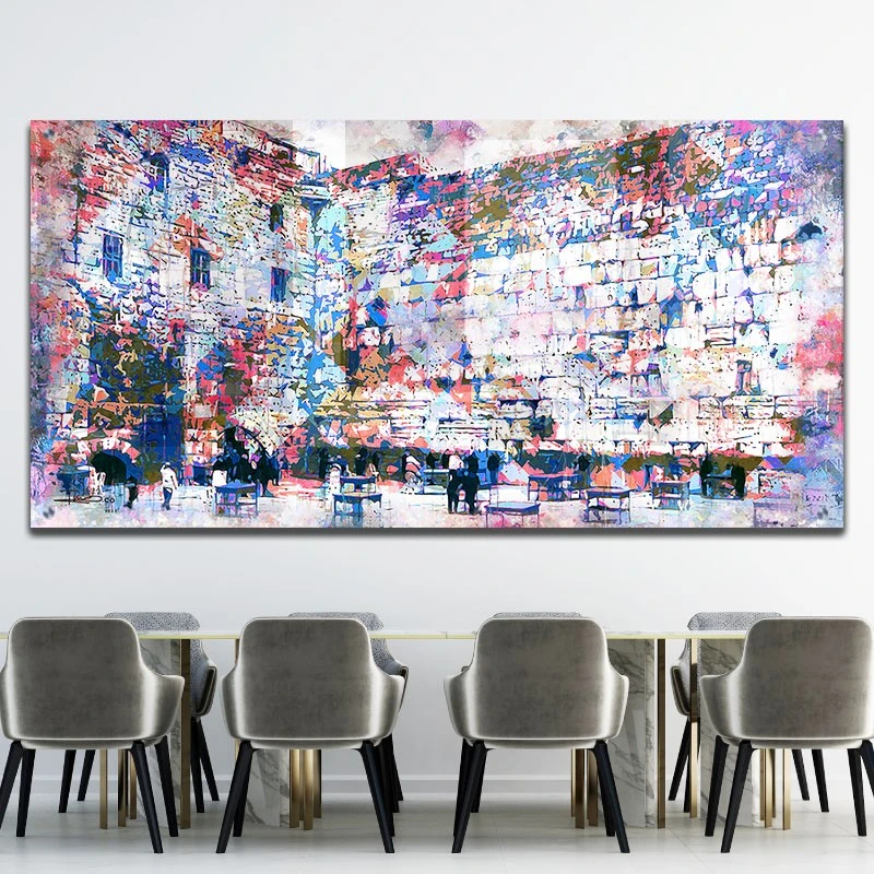 תמונת זכוכית הכותל ירושלים לפינת אוכל הכותל V תמונת אמנות פופולארית על זכוכית בגווני אפור, אדום, טורקיז - דגם galvtm46p2659