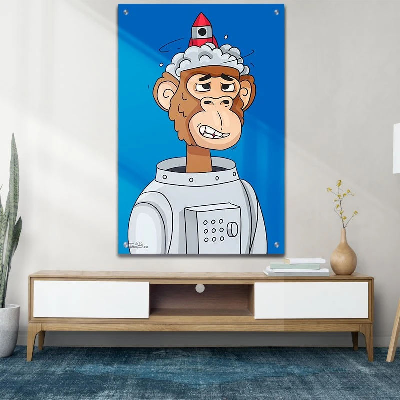 קוף מעולם אחר תמונת זכוכית לסלון בגווני כחול, אפור, חום הדפסה על זכוכית בעלי חיים - דגם alvtm46p2746