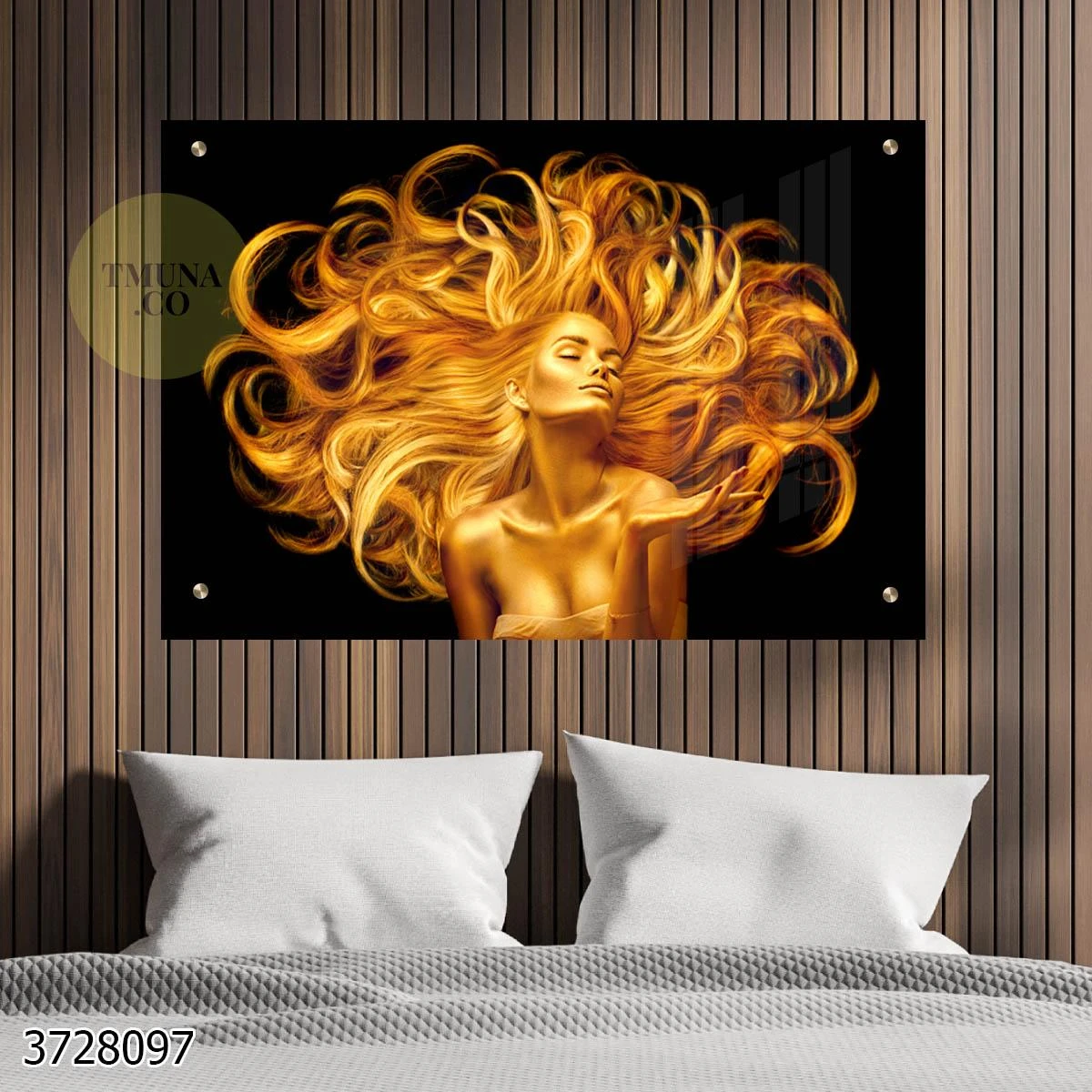 אומנות נשית בזהב - תמונת פורטרט מודרנית על זכוכית לחדר שינה מכון יופי או סלון דגם 3728097