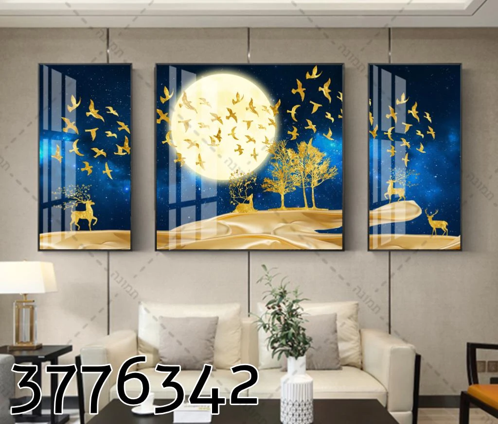 סט תמונות ערב איילות עם ציפורים מול ירח לסלון דגם 3776342