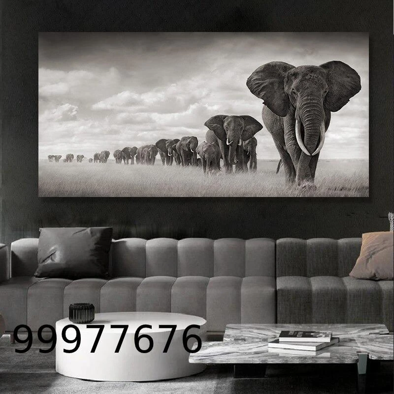 תמונת של פילים על קנבס בצבע אפור שחור לבן לחדר שינה 'שיירת הפילים' דגם 99977676