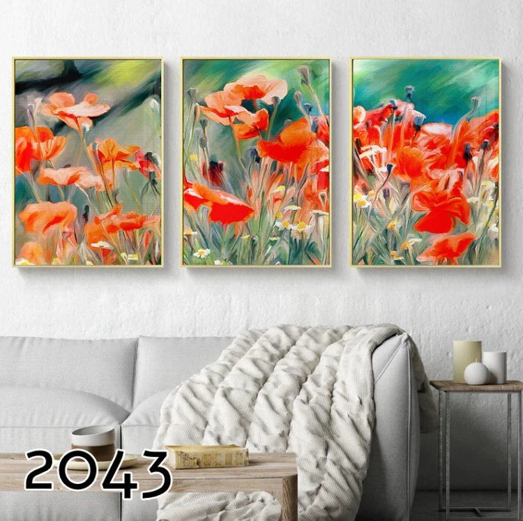 פרחים - סט 3 תמונות בצבע אדום וירוק לתלייה בסלון דגם 2034