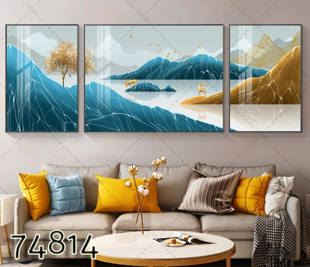 סט תמונות נוף על קנבס לתלייה בסלון 'אבסטרקט איילות באגם צבעוני' דגם 74814