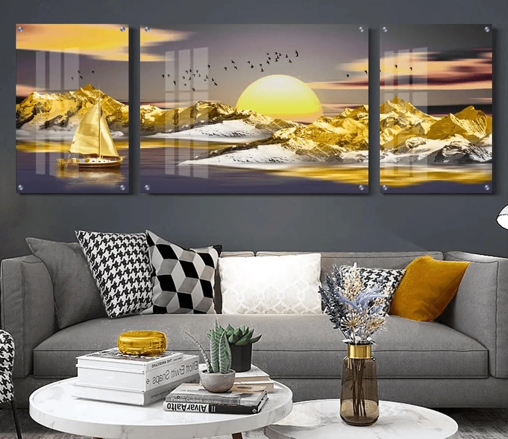 טרנדי: 3 תמונות זכוכית חלל זהב כהה שמש בגווני זהב, כתום למטבח - דגם g27690344