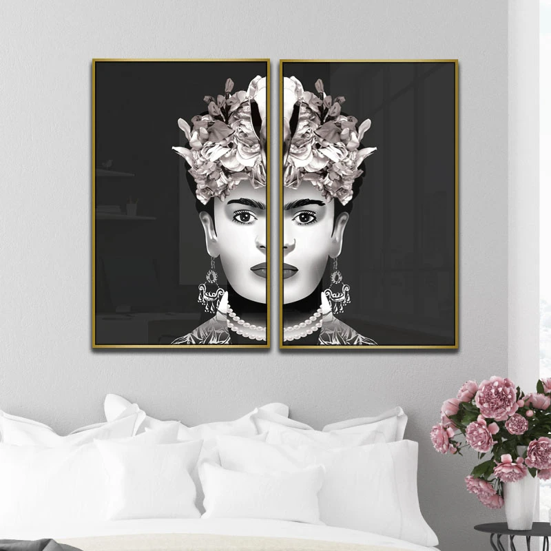 תמונה לחדר שינה פרידה קאלו Frida Kahlo ציור בסגנון דמויות ואנשים - דגם Frida-BW-Mockup