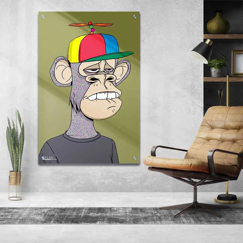 קוף היפסטר תמונת זכוכית לקליניקה בגווני צהוב, זהב, אפור, חום הדפסה על זכוכית בעלי חיים - דגם alvtm46p2734