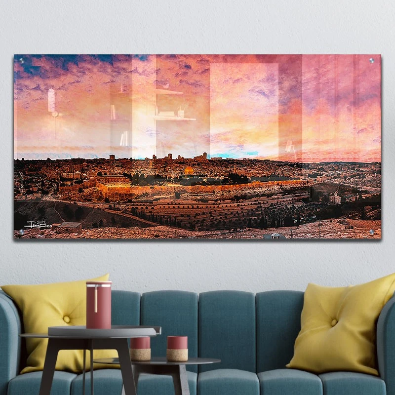 תמונת זכוכית של הכותל ירושלים למשרד ירושלים אור-העולם תמונת אמנות פופולארית על זכוכית בגווני צבעוני,אדום, זהב - דגם galvtm46p2666
