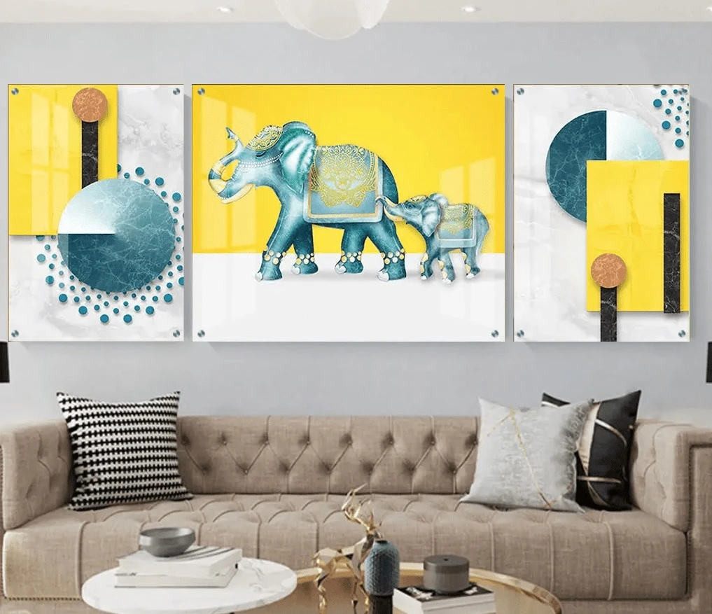 טרנדי: 3 תמונות זכוכית פילים טורקיז בגווני צהוב, כחול, אפור לקליניקה - דגם g24025164