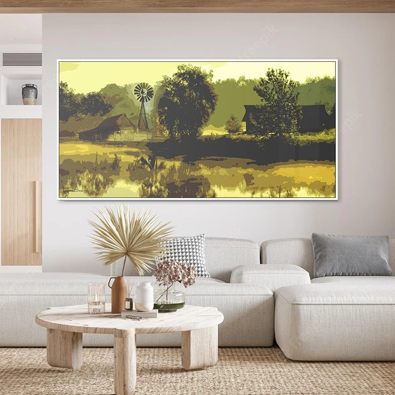 תמונה אופקית כפרית בית החווה ירוק לקליניקה תמונת קנבס רטרו - דגם 135402