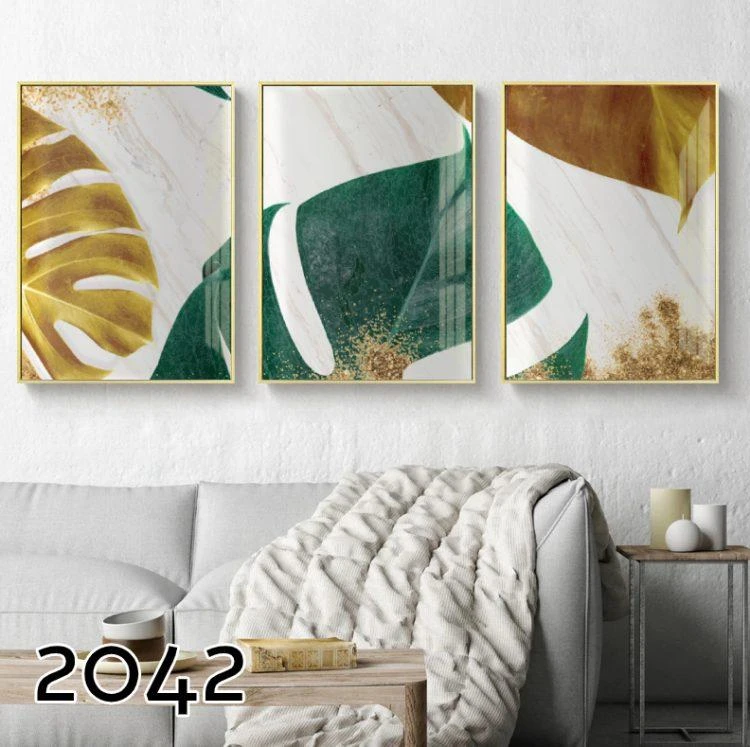 עלה זהב - סט 3 תמונות אבסטרקטיות לסלון דגם 2042