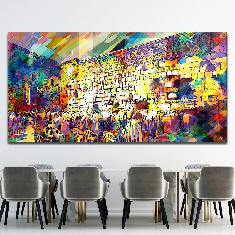 תמונת זכוכית של הכותל ירושלים למשרד מתפללים בכותל תמונת אמנות פופולארית על זכוכית בגווני צבעוני,אדום, טורקיז - דגם galvtm46p2661