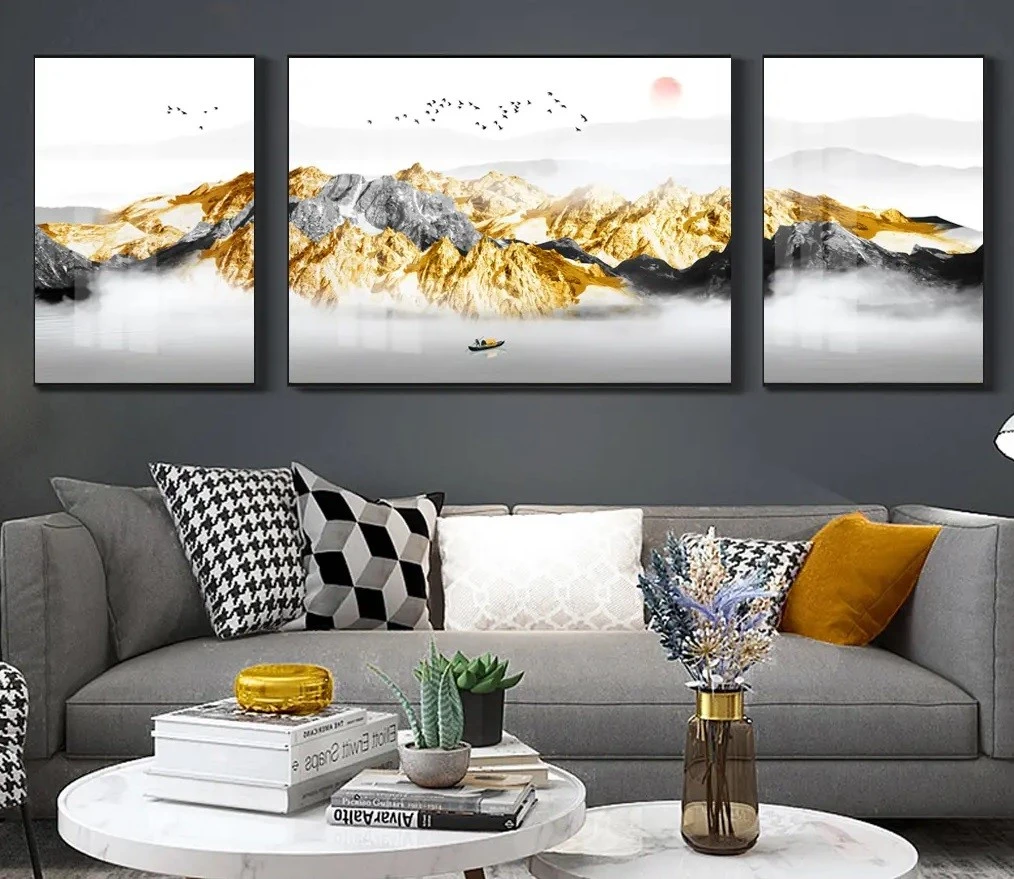 סט 3 תמונות קנבס מחולקות תמונה לסלון נופים אבסטרקט זהב עיצוב מיוחד טבע ונופים לסלון - דגם 24234161