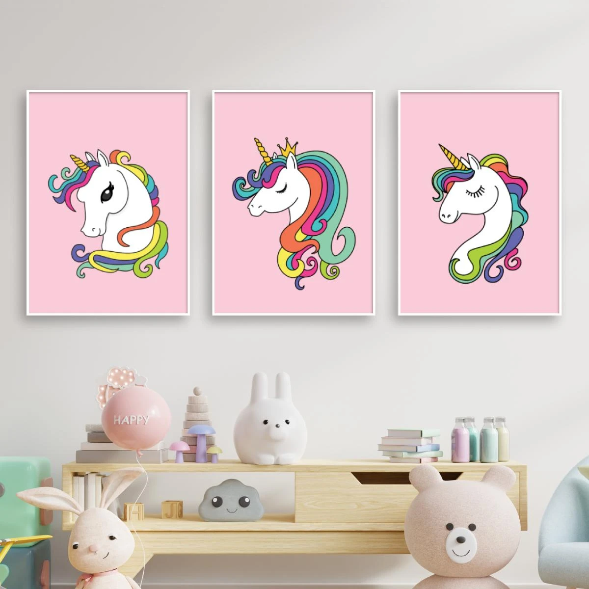 סט שלוש תמונות לחדרי ילדות ותינוקות חדי קרן בהדפסה על קנבס 3728693