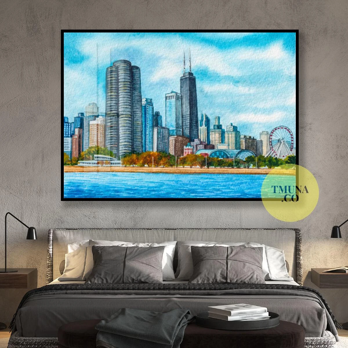 ציור מגניב של שיקגו ביום בהיר יפה על קנבס או זכוכית לתליה במשרדי נדלן או תיירות, חדרי שינה וסלונים דגם 3728652