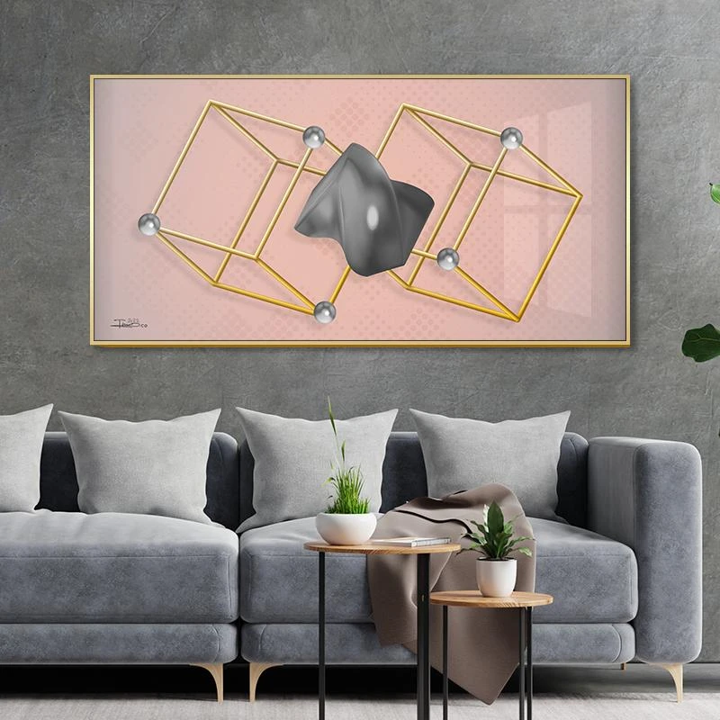 תמונת קנבס גאומטרית לרוחב - המימד המקביל באפקט תלת מימד לתלייה בסלון משרד לובי בניין או פינת אוכל צבעים וורד כסוף זהב דגם 135363