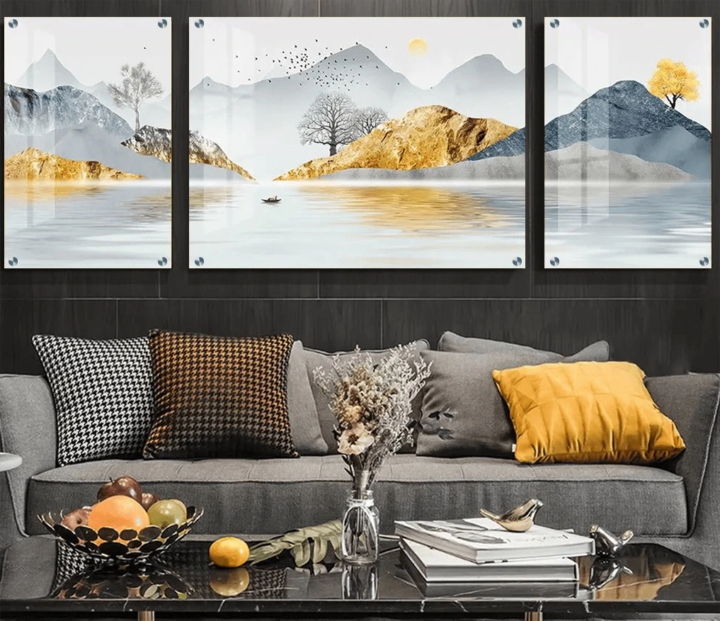 טרנדי: 3 תמונות זכוכית ים וחופים בגווני אפור, כחול, זהב לסלון - דגם g23805830