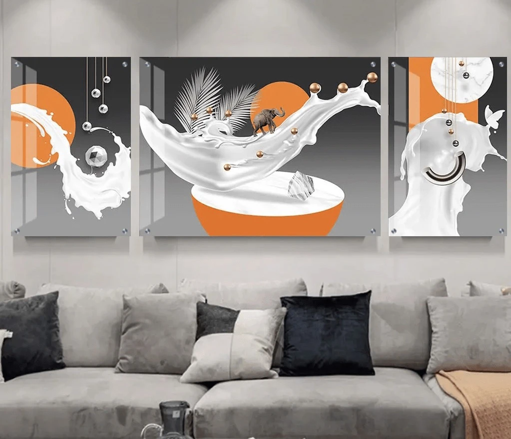 טרנדי: 3 תמונות זכוכית תלת מימד על רקע כהה בגווני כתום, אפור לסלון - דגם g24037105