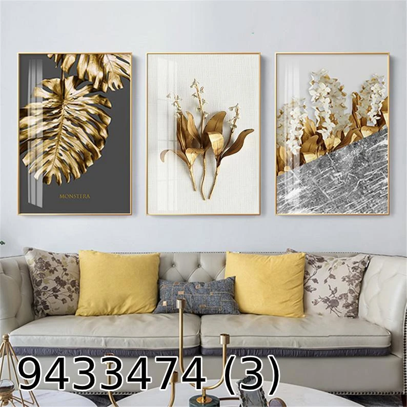 סט שלישית קנבס עלים זהובים תלת מימד לתלייה בחדר שינה דגם 9433474 (3)