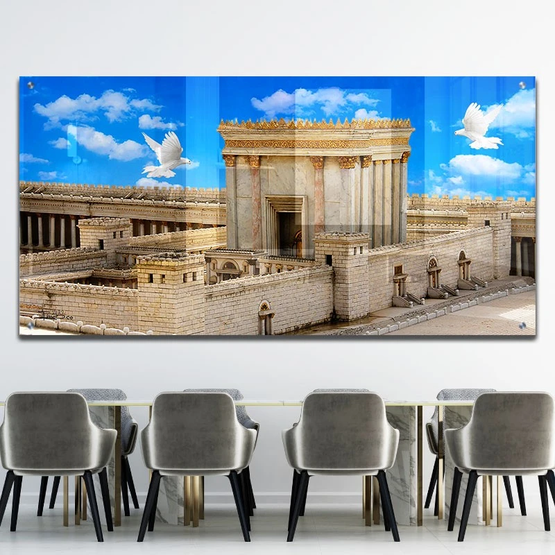 תמונת זכוכית של בית המקדש ירושלים למשרד בית המקדש השלישי תמונת אמנות פופולארית על זכוכית בגווני חום, כחול, זהב - דגם galvtm46p2692