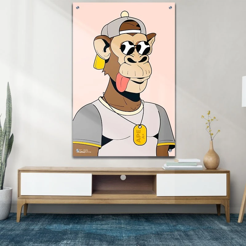 קוף כדורסל תמונת זכוכית לסלון בגווני ורוד, אפור, חום הדפסה על זכוכית בעלי חיים - דגם alvtm46p2748