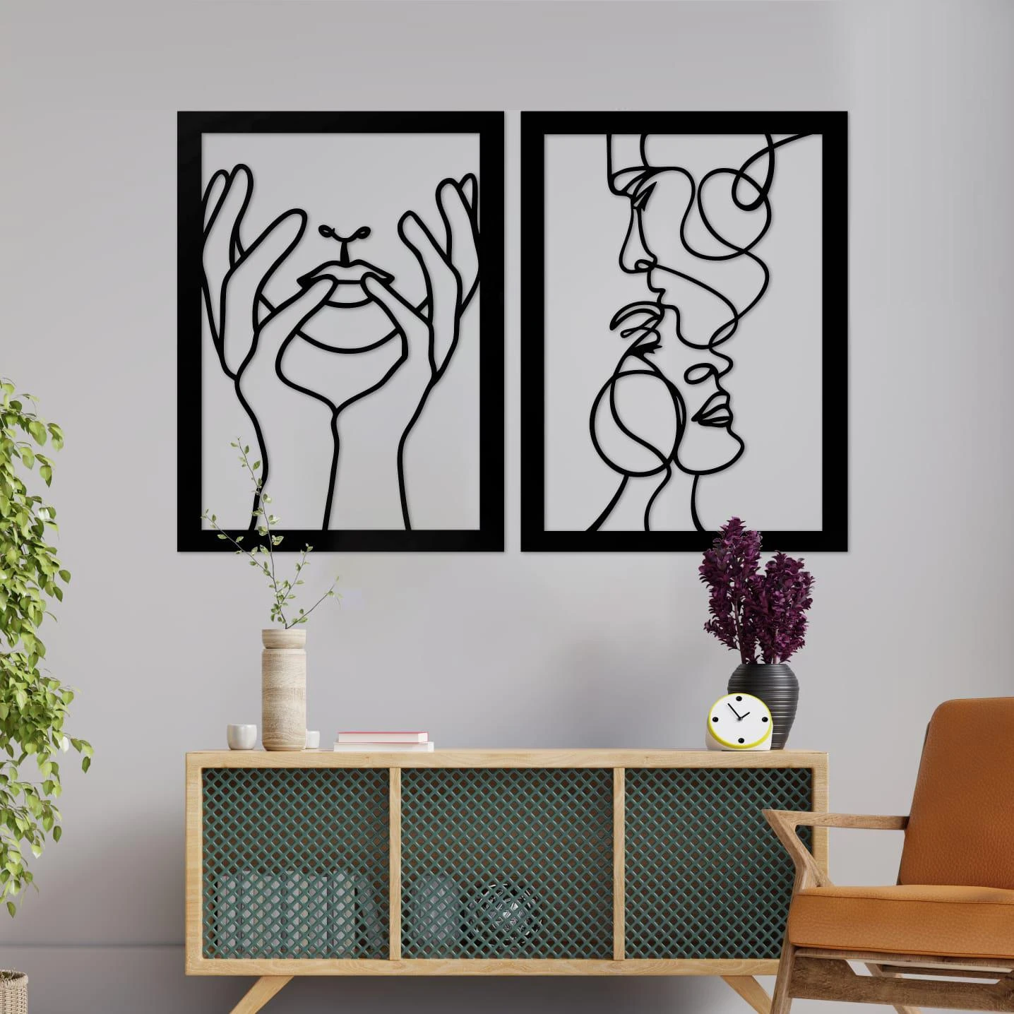 מיוחדות בקווים - זוג תמונות עץ בחיתוך לייזר לסלון לחדר שינה לכניסה לבית דגם m134-m135