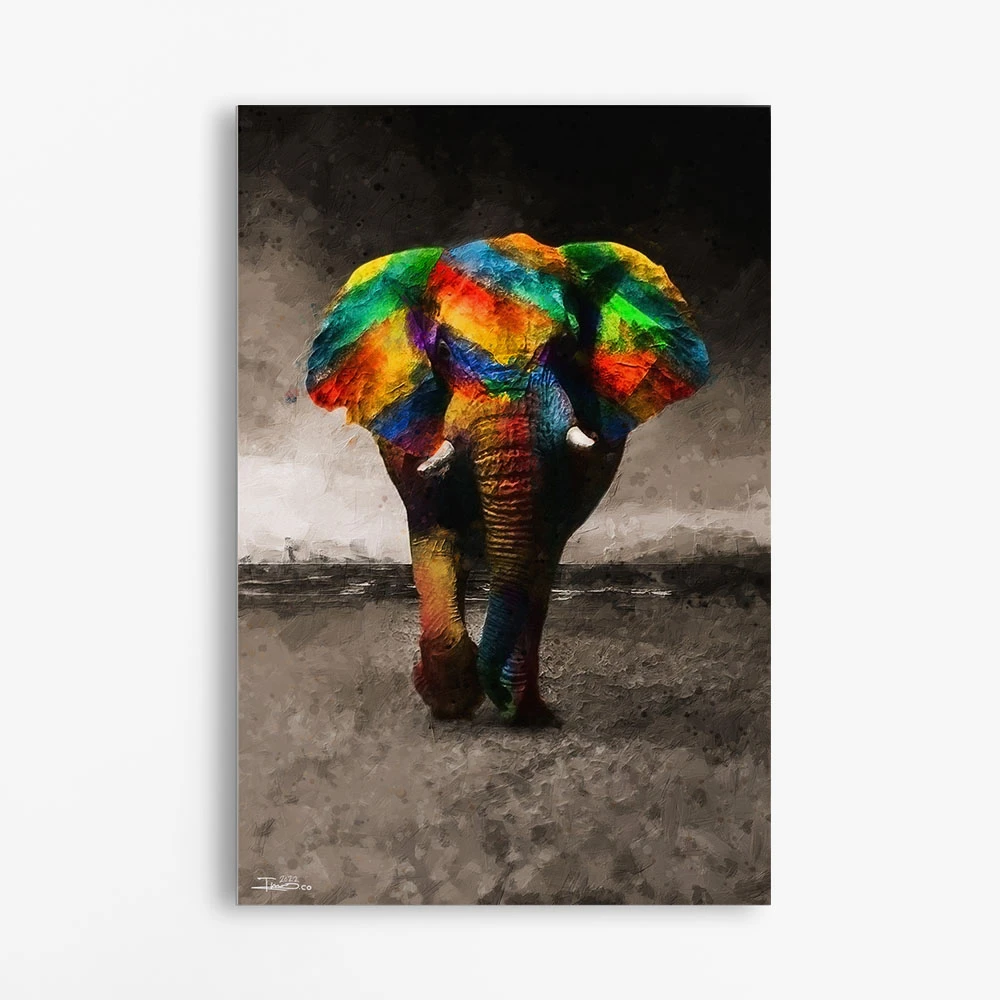 תמונה בצבע ירוק לפינת אוכל פיל צבעוני בלילה ציור בסגנון בעלי חיים - דגם alvtm46p2289