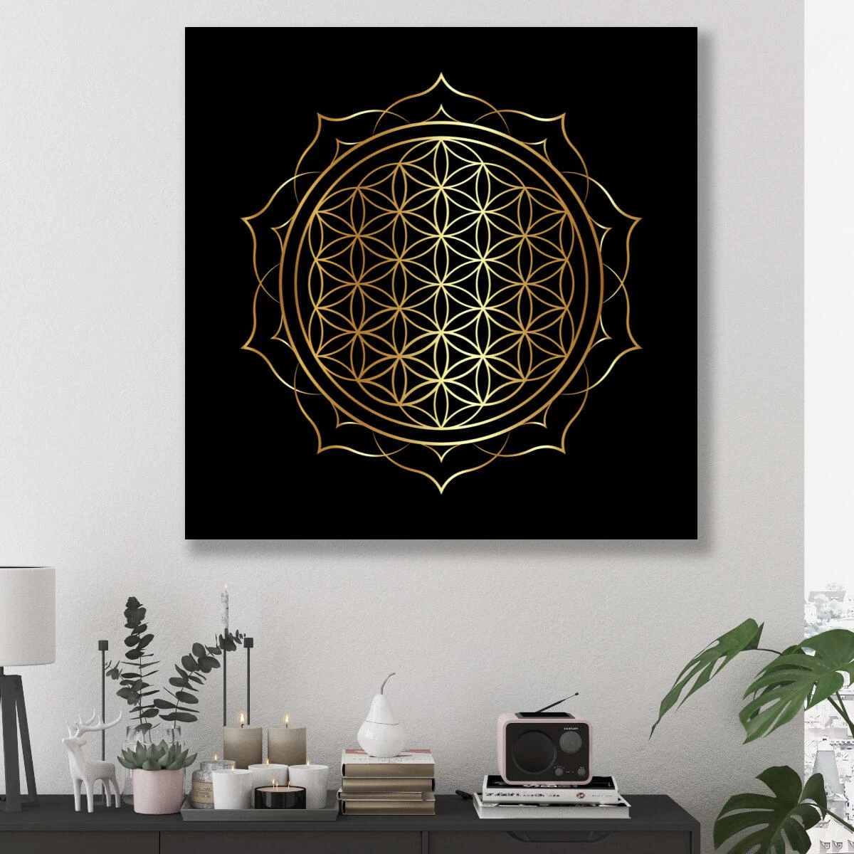 מודרנית ואלגנטית בזהב - תמונה של מנדלה על זכוכית או קנבס לסלון או למשרד דגם 3728356