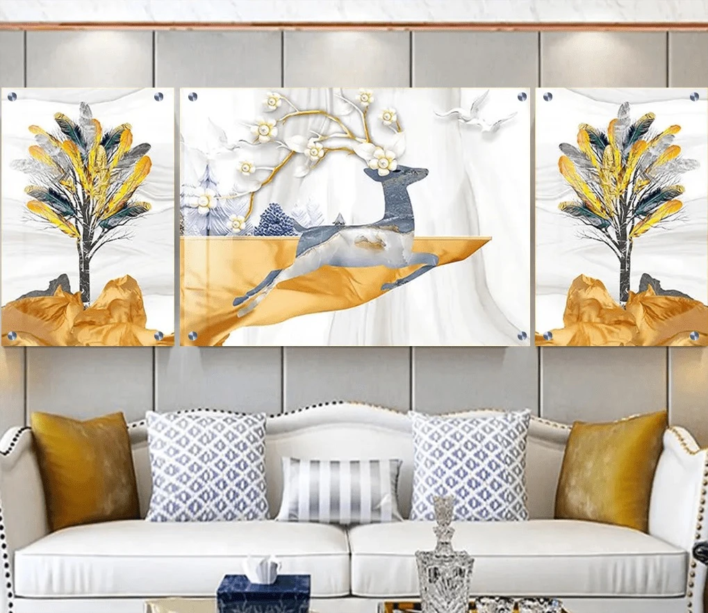 טרנדי: 3 תמונות זכוכית אייל  בגווני זהב, כתום, אפור למשרד - דגם g23688497