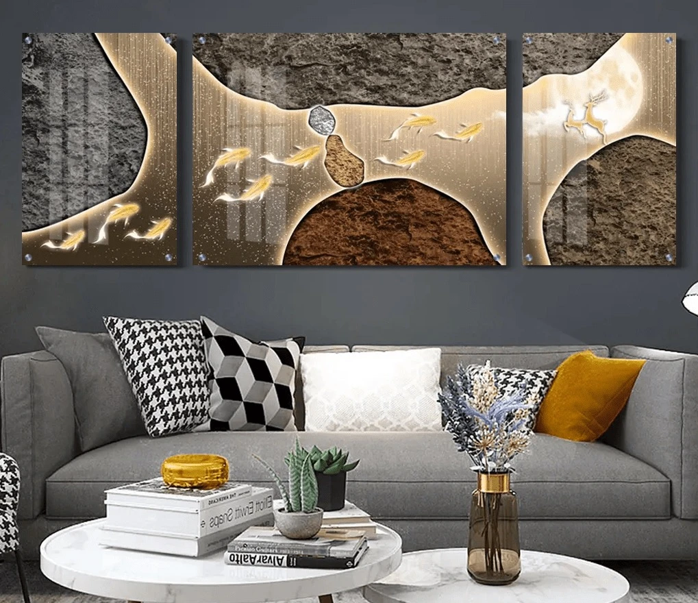 טרנדי: 3 תמונות זכוכית חלל מודרני בגווני זהב, חום לקליניקה - דגם g27993959