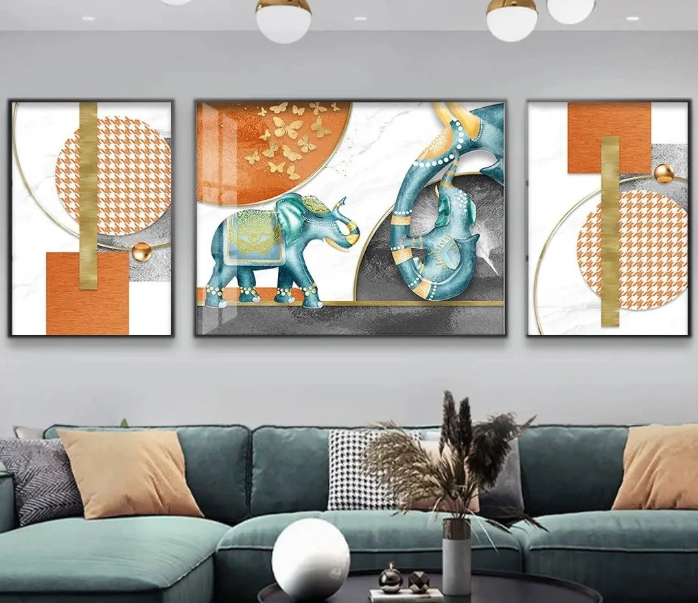 סט 3 תמונות קנבס של חיות טורקיז כתום פילים עיצוב מיוחד בעלי חיים לסלון - דגם 24159956