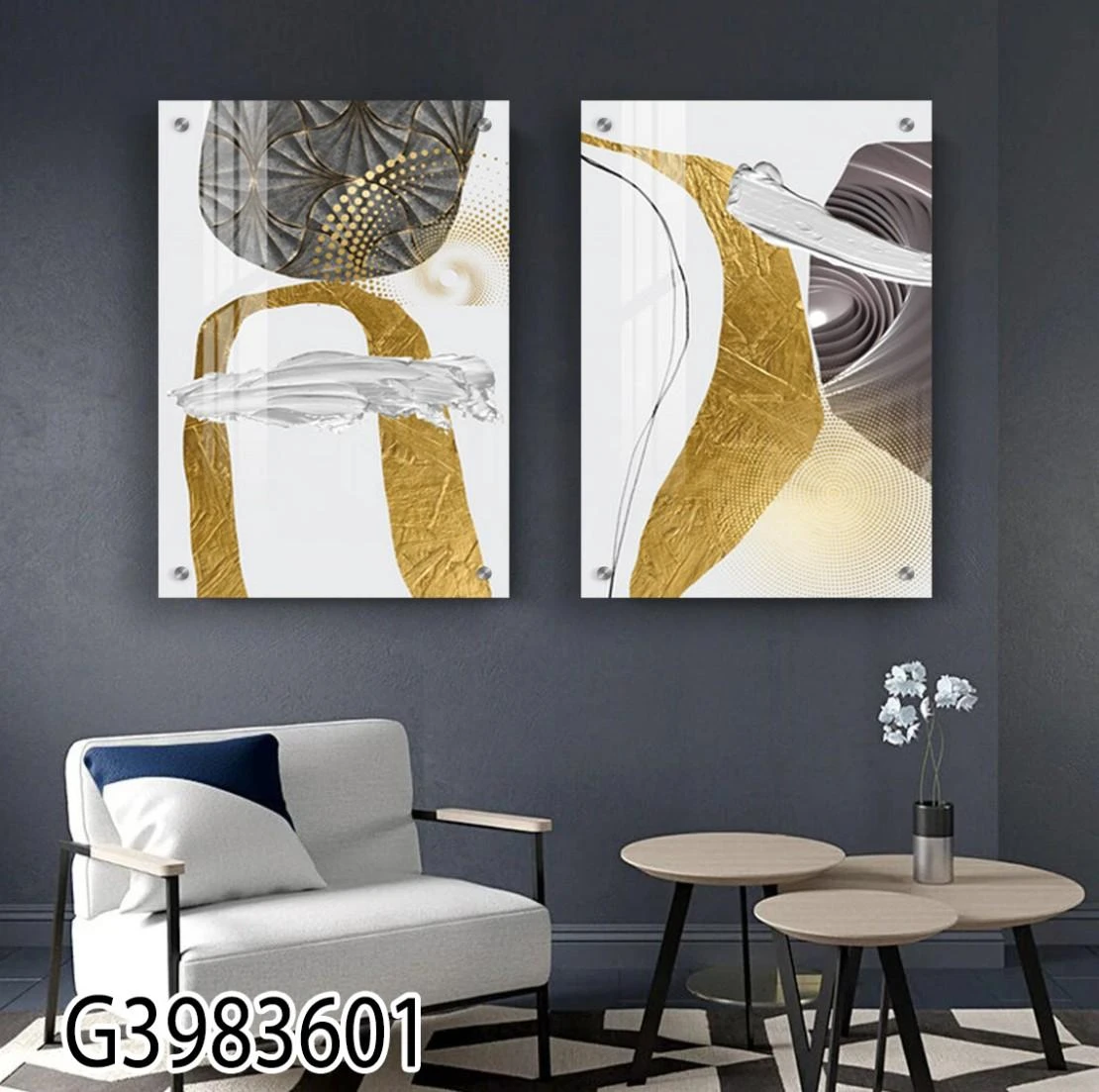 אמנות מופשטת בזהב וכסף - סט 2 תמונות מודרנית מזכוכית לסלון או משרד דגם G3983601