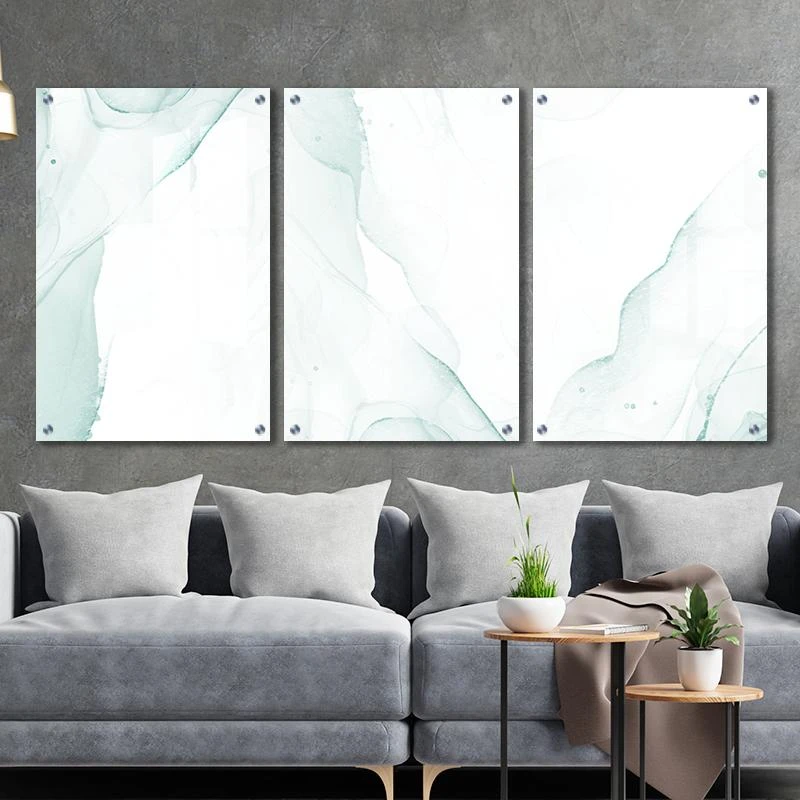 האבסטרקט המינימליסטי - שלשיית תמונות מעוצבות זכוכית בגווני לבן ירוק מתאימות לסלון בסגנון מודרני דגם 135113