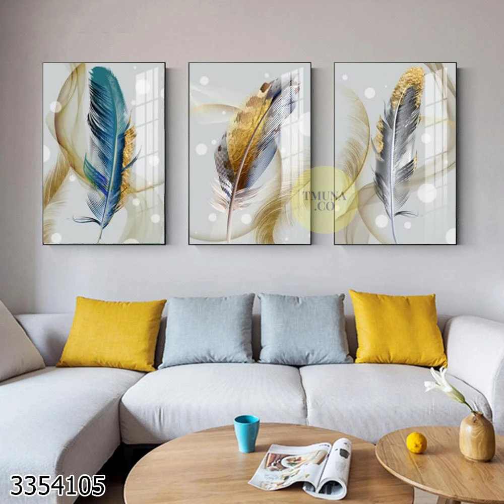 נוצות צבעוניות בשילוב אבסטרקט סט 3 תמונות לסלון דגם 3354105