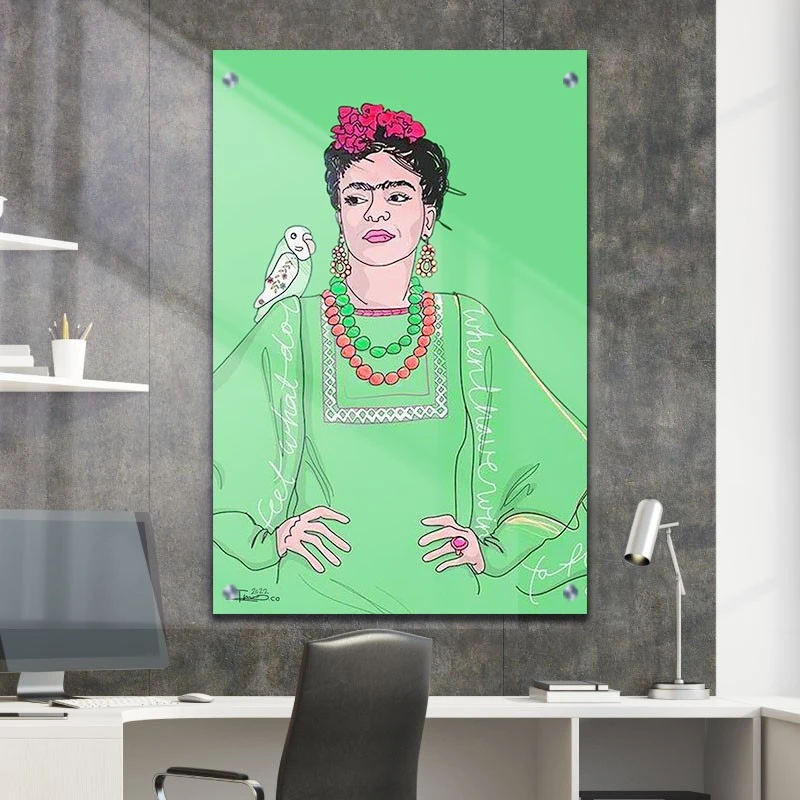 תמונת זכוכית Frida Kahlo לחדר שינה ציפור ירוקה תמונת אמנות פופולארית על זכוכית בגווני ירוק, חום - דגם galvtm47p2820