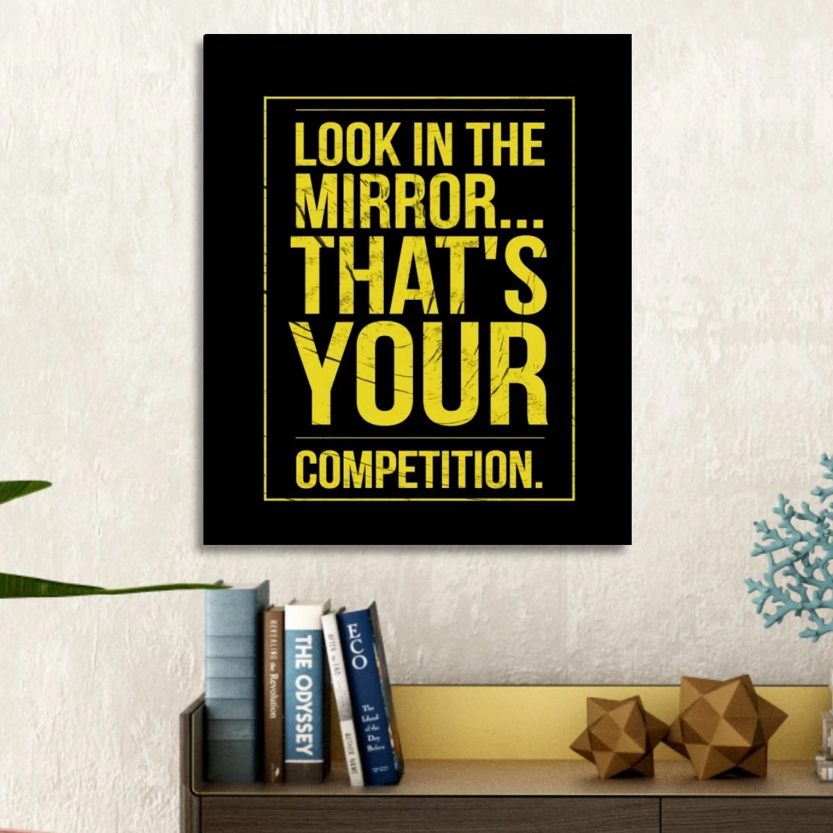 תמונת השראה ומוטיבציה LOOK IN THE MIRROR בגודל 70X100 ס"מ תמונה בגווני שחור, צהוב -
