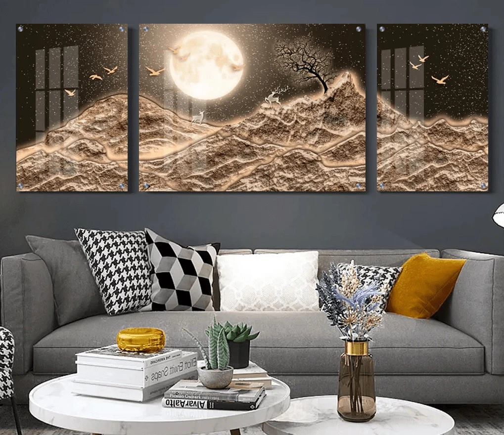 טרנדי: 3 תמונות זכוכית חלל בסגנון כהה בגווני שחור, חום לחדר שינה - דגם g27993957